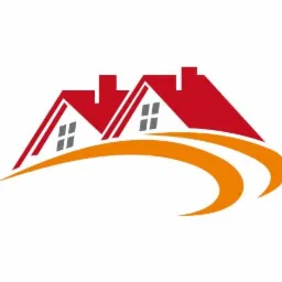 Graficzne logo przedstawiające trzy domy z czerwonymi dachami i szarymi oknami, umieszczone nad pomarańczową, dynamiczną linią.