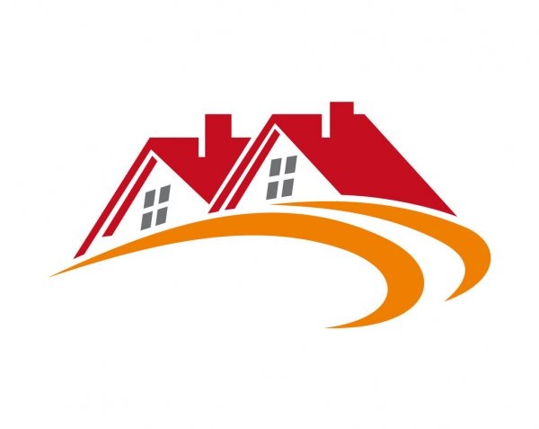 Graficzne logo przedstawiające trzy domy z czerwonymi dachami i szarymi oknami, umieszczone nad pomarańczową, dynamiczną linią.