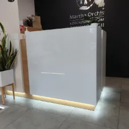 Białe, minimalistyczne biurko recepcyjne z podświetleniem LED u dołu, uzupełnione roślinami w donicach, na tle ściany z logo firmy Martha Orchis.