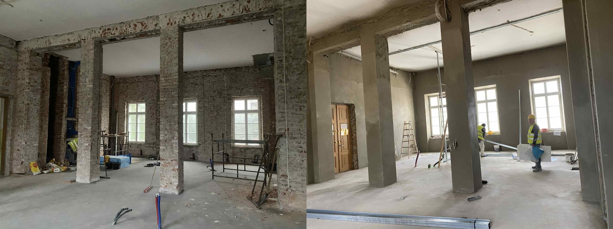 Zdjęcie 'przed i po' przedstawia remontowane wnętrze z kolumnami. Po lewej surowa cegła, po prawej ściany po nałożeniu tynku. Widoczni pracownicy w odblaskowych kamizelkach.