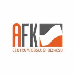 Logo AFK Centrum Obsługi Biznesu, pomarańczowe litery AFK na szarym tle z napisem 'Centrum Obsługi Biznesu' poniżej. Po prawej stronie szary prostokąt z pomarańczowym akcentem przypominającym flagę.