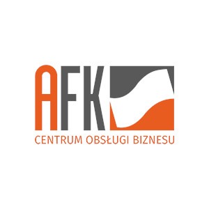 Logo AFK Centrum Obsługi Biznesu, pomarańczowe litery AFK na szarym tle z napisem 'Centrum Obsługi Biznesu' poniżej. Po prawej stronie szary prostokąt z pomarańczowym akcentem przypominającym flagę.