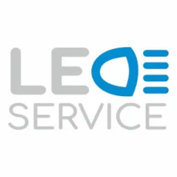 Logo firmy LEO SERVICE w kolorach szarym i niebieskim, z symbolem przypominającym diodę LED.