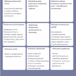 Grafika prezentująca zestawienie usług dla firm, w tym obsługa bankowości online, monitoring spłat należności, analiza finansowa, platforma controllingowa, rejestracja działalności, obsługa...
