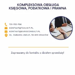 Grafika reklamowa z ofertą kompleksowej obsługi księgowej, podatkowej i prawnej, zawierająca dane kontaktowe i logo firm TaxUnit i EuroConsult. W tle widoczne dłonie osób omawiających dokumenty.