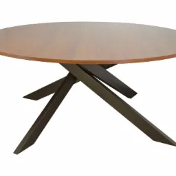 Okrągły stół z blatem w kolorze drewna i metalową podstawą w kształcie gwiazdy, na białym tle.