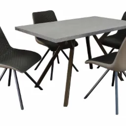 Stół z szarym blatem i czterema krzesłami z ciemnoszarą tapicerką o wzorze plastra miodu, na metalowych nogach.