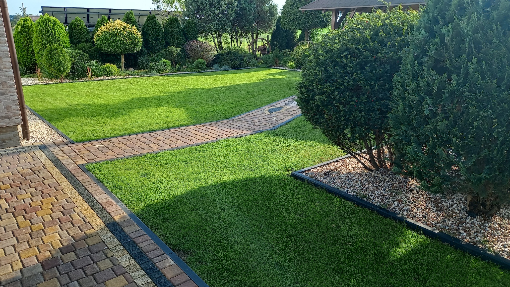 Starannie utrzymany trawnik z równo przyciętą trawą, obrzeżami z kostki brukowej i ścieżką z cegły, ozdobne drzewa i krzewy, widok z perspektywy chodnika.