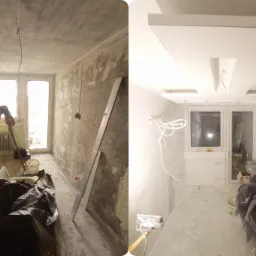 Porównanie stanu pokoju przed i po remoncie: surowe ściany w szarym odcieniu z widocznymi instalacjami vs. białe, gładkie ściany i sufit z geometrycznym podwieszanym elementem, widoczne okno w obu...