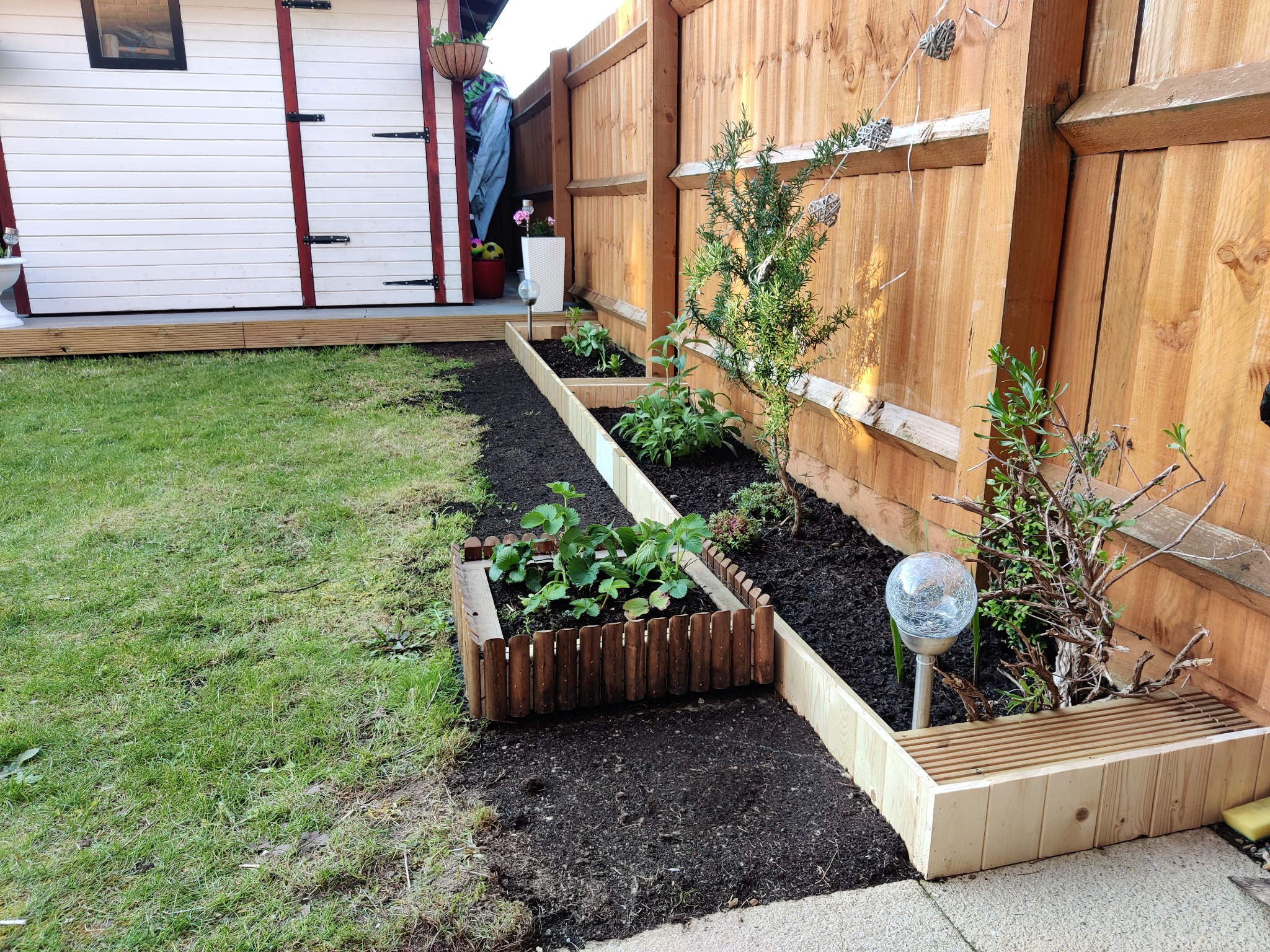 Ogródek warzywny z drewnianą obudową, świeżo posadzone rośliny, ziemia, dekoracyjna lampa solarna, drewniany płot w tle, domek narzędziowy.