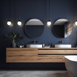 Projekt eleganckiej łazienki w kolorze navy blue.