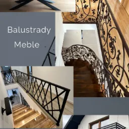 Kompozycja zdjęć przedstawiająca różnorodne balustrady i ogrodzenia: nowoczesna balustrada schodowa z czarnych prętów, kuta balustrada schodowa z ornamentami roślinnymi, balkon z prostym, poziomym...