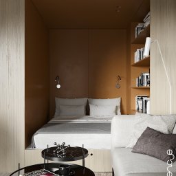 Wydzielona strefa sypialniana w mieszkaniu typu studio, styl nowoczesny