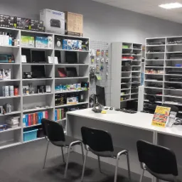 Wnętrze sklepu komputerowego z białymi regałami wypełnionymi sprzętem i akcesoriami, za ladą trzy krzesła dla klientów i plakat z napisem 'Oddałeś komputer do naprawy? Skorzystaj z promocji'.