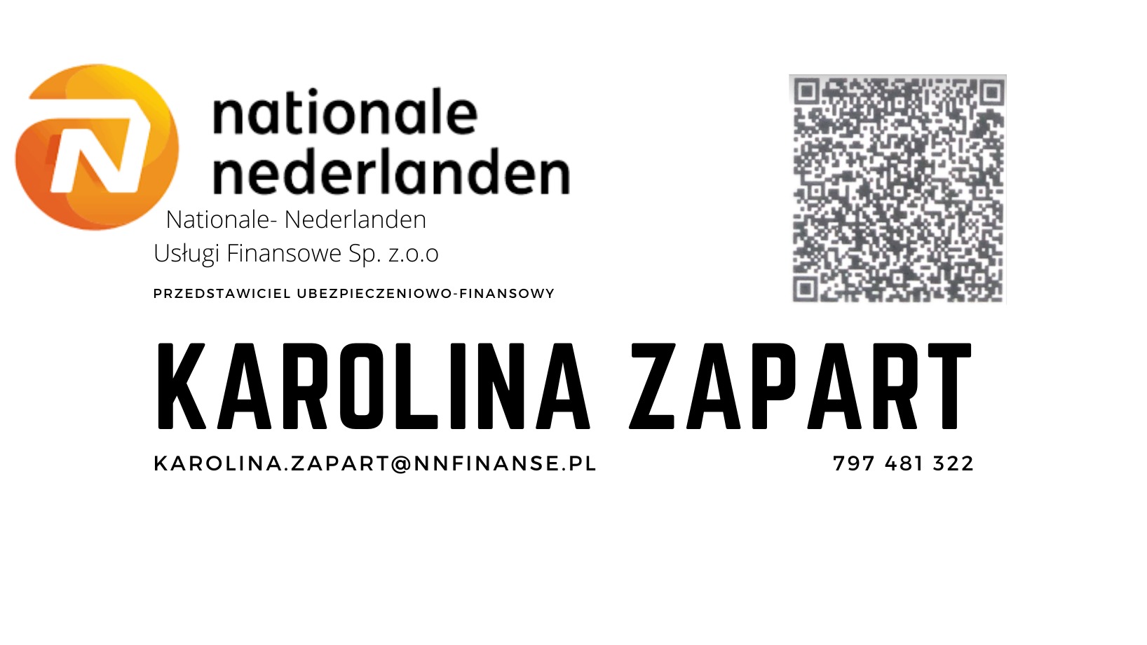 Wizytówka przedstawiciela ubezpieczeniowo-finansowego Nationale-Nederlanden, Karolina Zapart, z logo firmy, adresem e-mail i numerem telefonu oraz kodem QR.