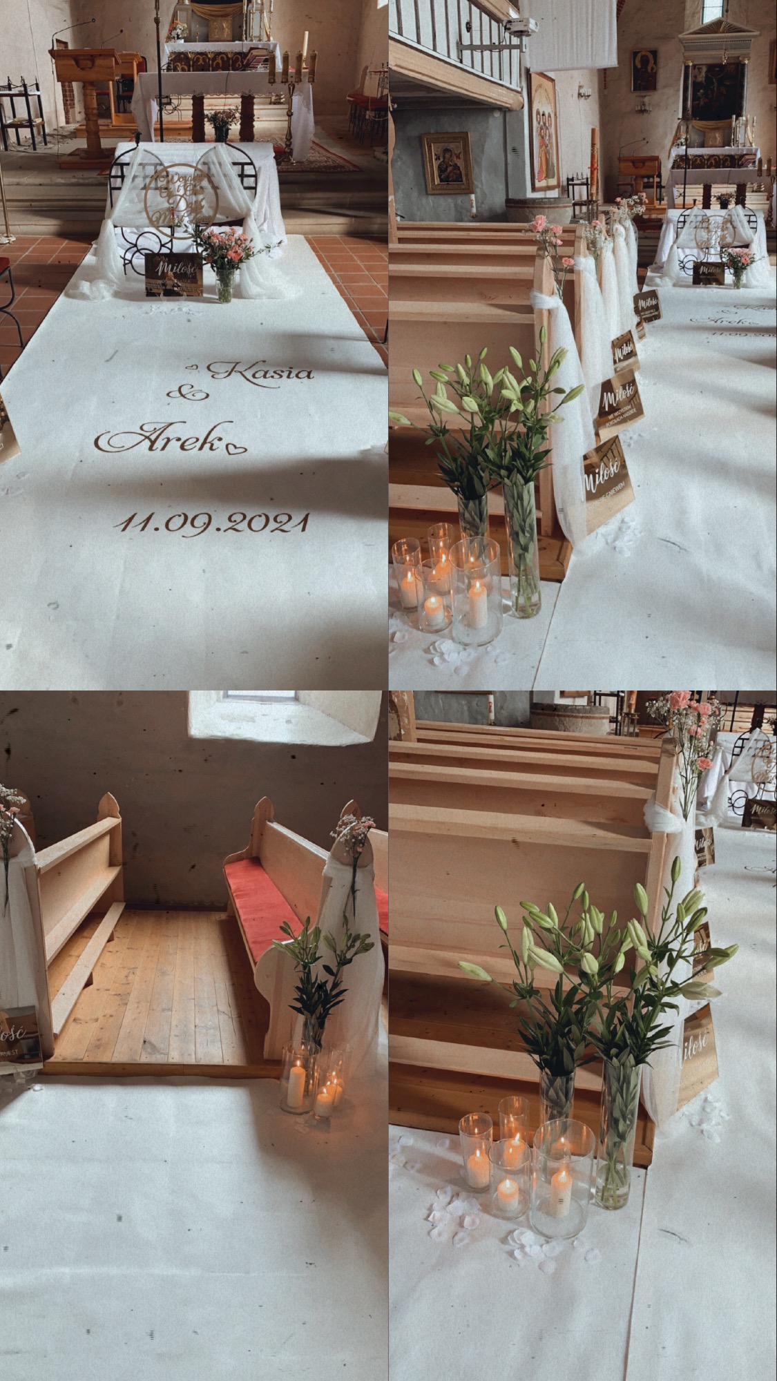 Dekoracja kościoła na ślub: biały dywan z imionami Kasia i Arek oraz datą 11.09.2021, lampiony ze świecami i lilie w szklanych wazonach wzdłuż ławek.