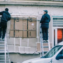 Dwóch mężczyzn na drabinach przygotowuje elewację budynku do remontu, oklejając okno kartonami i zabezpieczając ściany folią malarską, widoczny fragment białego samochodu dostawczego.