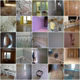 Zbiór zdjęć przedstawiających różne etapy prac wykończeniowych i remontowych: układanie płytek podłogowych i ściennych, prace malarskie, montaż okien i drzwi, oraz widok wnętrz po zakończonych...