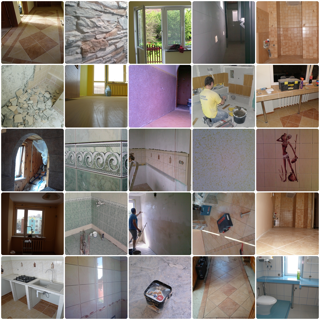Zbiór zdjęć przedstawiających różne etapy prac wykończeniowych i remontowych: układanie płytek podłogowych i ściennych, prace malarskie, montaż okien i drzwi, oraz widok wnętrz po zakończonych...