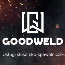 Logo firmy GoodWeld świadczącej usługi ślusarsko-spawalnicze, z iskrami w tle i adresem strony internetowej.