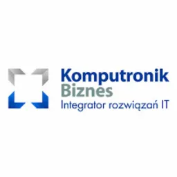 Logo firmy Komputronik Biznes, integrator rozwiązań IT, z symbolem graficznym po lewej stronie i tekstem w kolorach szaro-niebieskich na białym tle.
