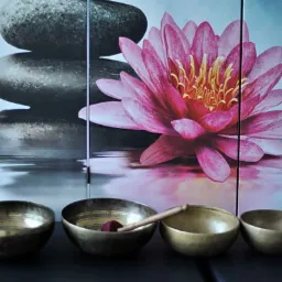 Cztery misy dźwiękowe z pałeczką na tle parawanu z motywem kwiatu lotosu i ułożonych kamieni.
