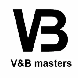 Czarne logo firmy V&B masters na białym tle.