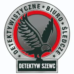 Logo biura śledczego z sylwetką sowy w okręgu z napisem 'Detektywistyczne Biuro Śledcze' i nazwą 'Detektyw Szewc' w dolnej części.