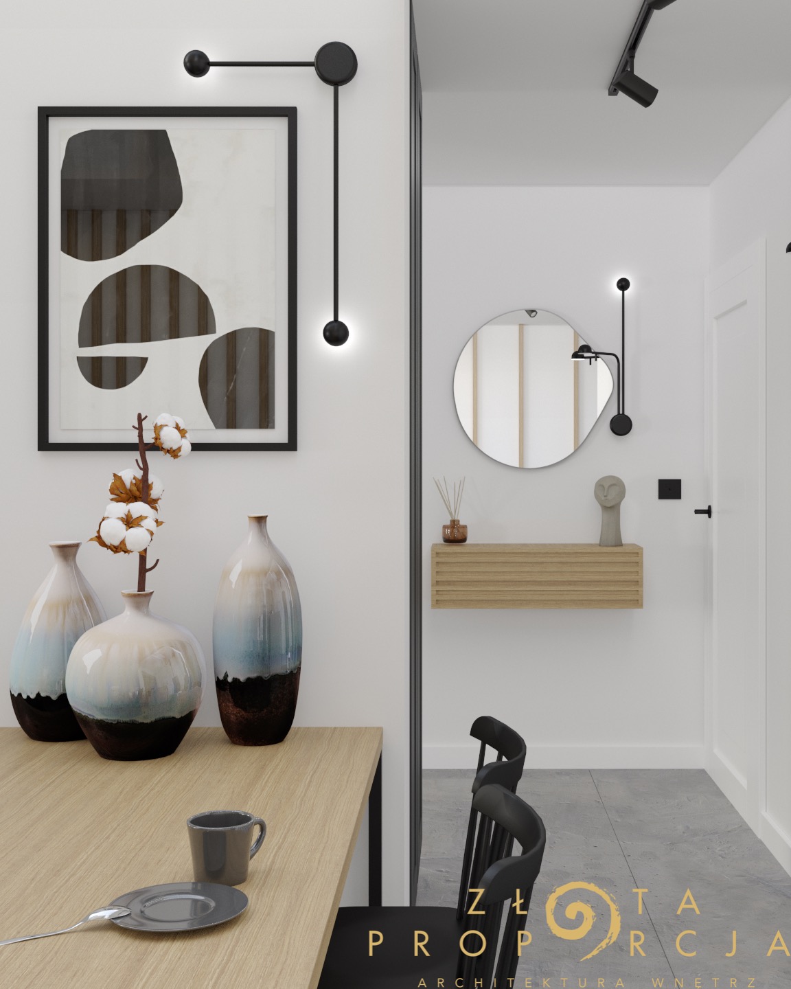 Wizualizacja nowoczesnego wnętrza w Lubinie z jadalnią, gdzie na drewnianym stole stoją trzy dekoracyjne wazony z gałązką bawełny, obok filiżanka i talerzyk, a w tle widoczne lustro, konsola...
