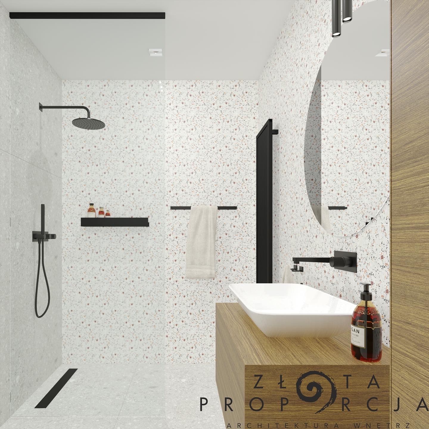 Wizualizacja nowoczesnej łazienki z kabiną prysznicową typu walk-in, umywalką nablatową na drewnianej szafce z logotypem firmy, armaturą w kolorze czarnym i ścianami wykończonymi płytkami w drobne...