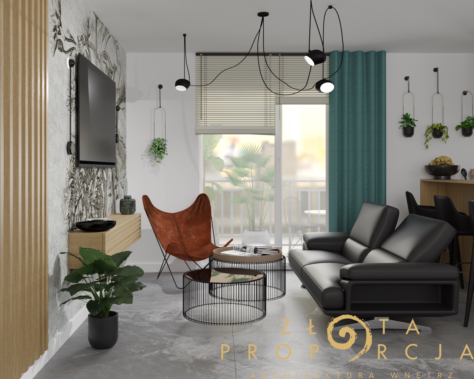 Wizualizacja salonu z czarną skórzaną sofą, stolikami kawowymi z metalowymi nogami, fotel motyl w odcieniach brązu i rośliny doniczkowe w czarnych osłonkach, na ścianie telewizor na tle tapety...