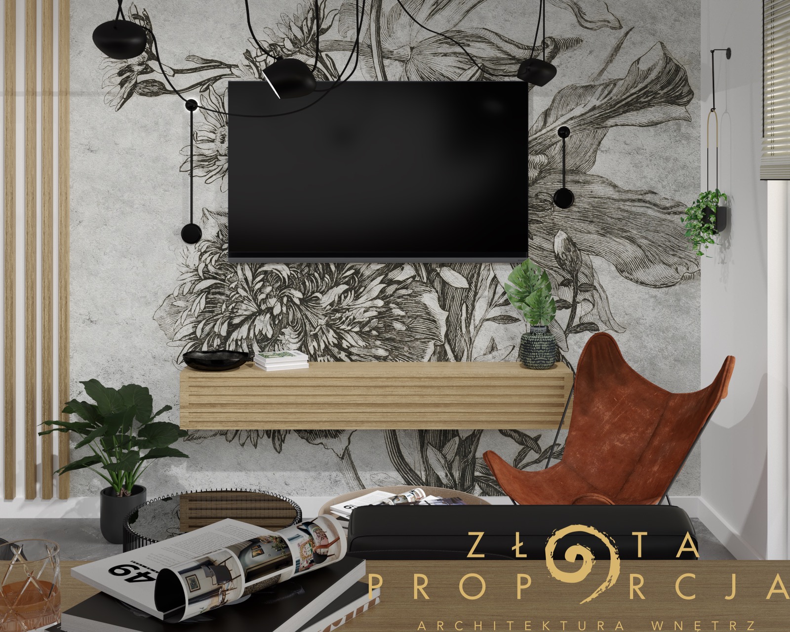 Wizualizacja salonu z telewizorem na ścianie z motywem roślinnym, minimalistyczną szafką RTV, skórzanym fotelem typu motyl i dekoracyjnym oświetleniem punktowym.