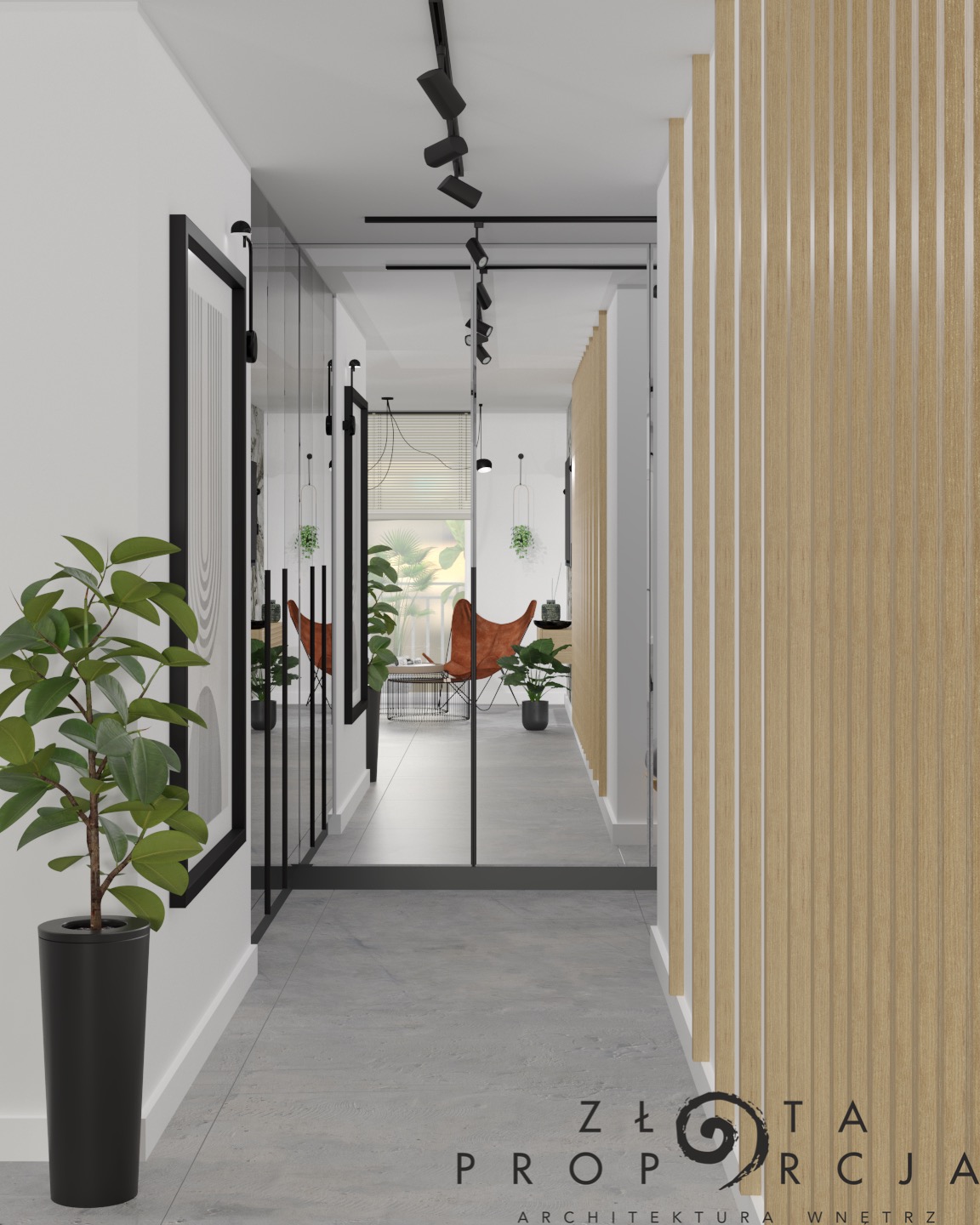 Wizualizacja korytarza z lustrzanymi drzwiami, drewnianymi panelami ściennymi, rośliną w czarnej donicy i widokiem na salon z fotelem motylkowym.