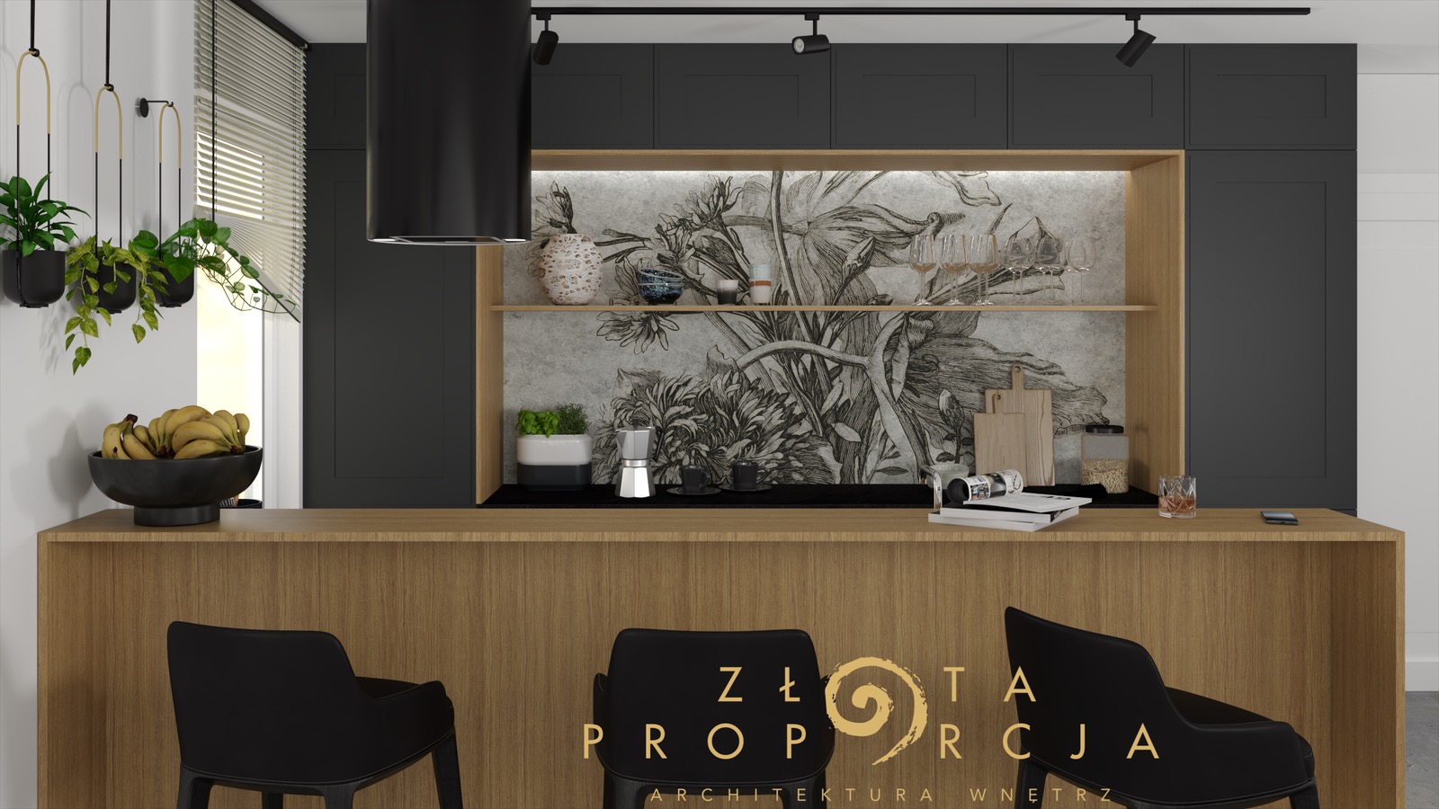 Wizualizacja nowoczesnej kuchni z wyspą, czarne krzesła barowe, drewniana zabudowa, roślinny motyw na ścianie, oświetlenie punktowe i wiszące doniczki z roślinami.