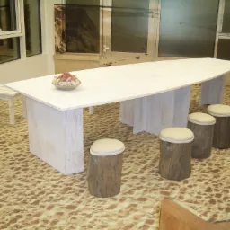 Jasny, drewniany stół o łódkowatym kształcie z dekoracją z muszelek, otoczony stołkami z pni drzewnych z jasnymi siedziskami, na podłodze imitującej piasek.