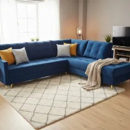 Narożnik tapicerowany w odcieniach granatu z poduszkami i pledem, na tle jasnego dywanu w salonie. Widoczne złote nóżki i stolik kawowy.