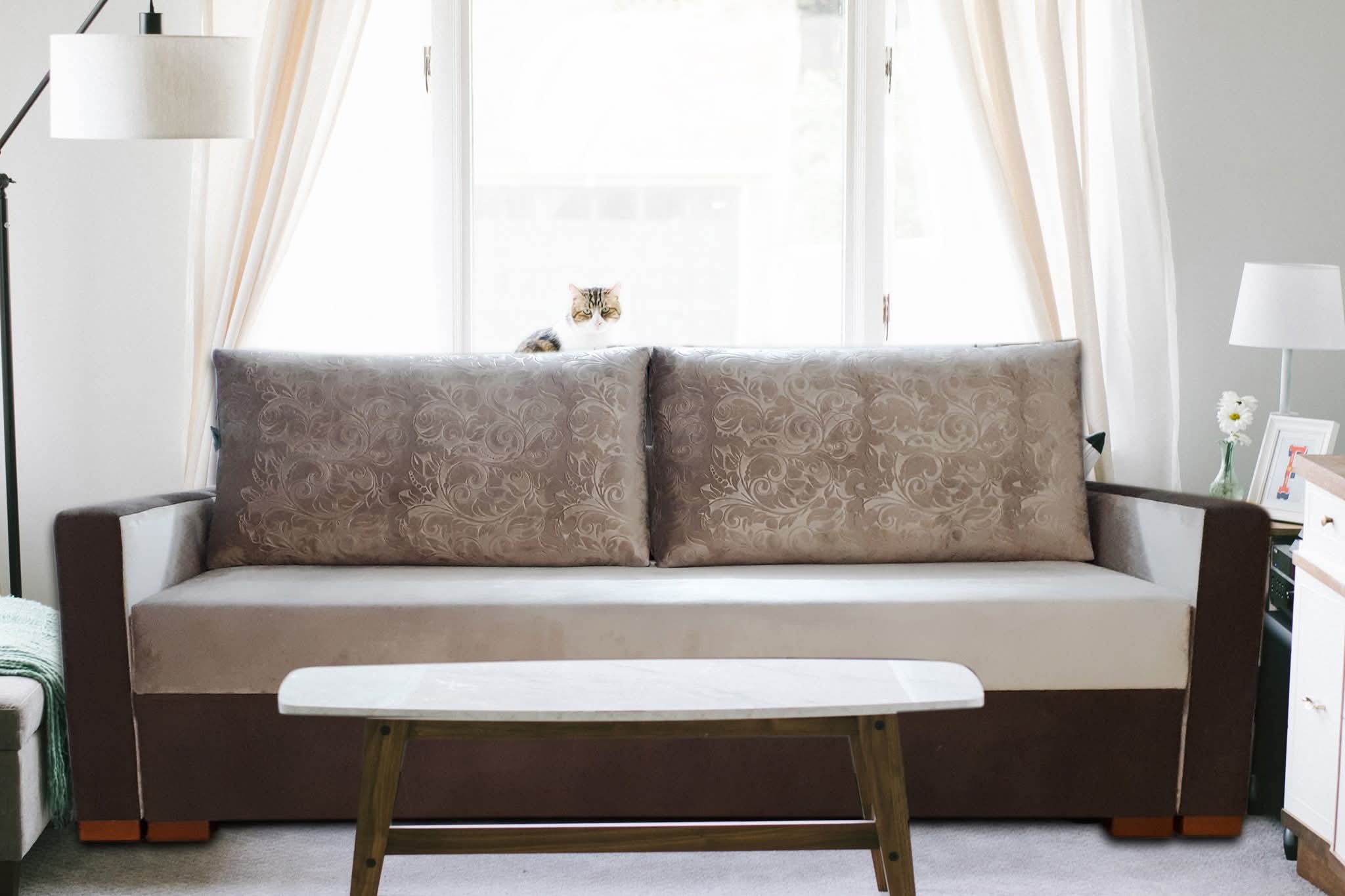 Dwukolorowa sofa z wzorzystymi poduszkami i małym stolikiem kawowym na tle okna z kotem, w jasnym, minimalistycznym wnętrzu.