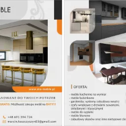 Projekt graficzny prezentujący aranżacje kuchni w różnych stylach, z logo firmy M&A Meble, adresem strony internetowej i danymi kontaktowymi, oferujący pomiar i wycenę gratis oraz możliwość zakupu...