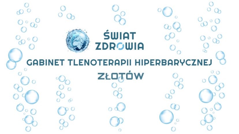 Logo 'Świat Zdrowia' z grafiką globu wodnego i napisem 'Gabinet Tlenoterapii Hiperbarycznej Złotów' na białym tle z bąbelkami.