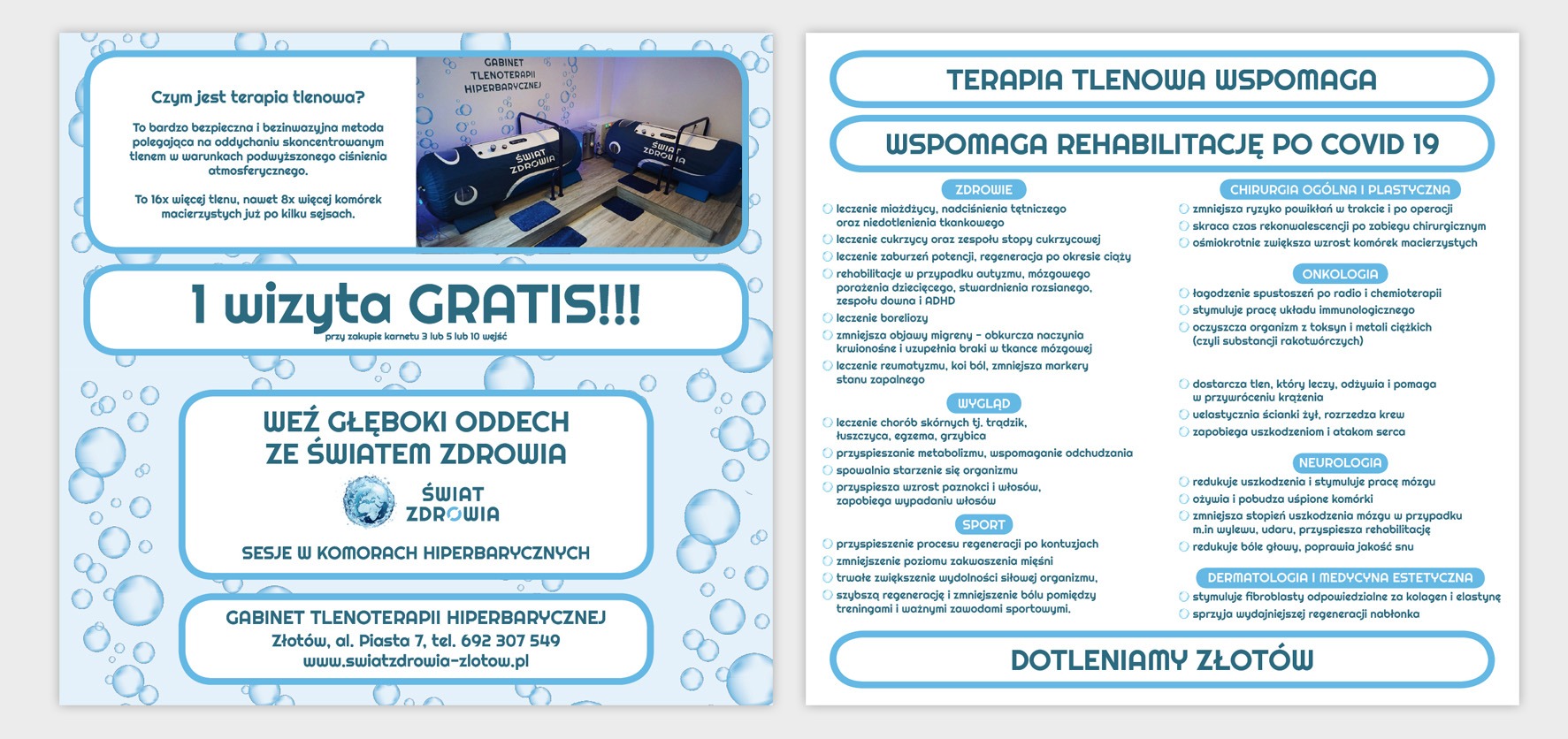 Plakat reklamowy gabinetu tlenoterapii hiperbarycznej z komorami hiperbarycznymi, oferującego darmową wizytę przy zakupie karnetu i wsparcie w rehabilitacji po COVID-19.