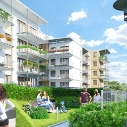 Młoda Białołęka - Wizualizacja nowoczesnego kompleksu apartamentów z drewnianymi elementami elewacji, balkonami z roślinami, zielonym terenem rekreacyjnym i spacerującymi osobami w słoneczny dzień.