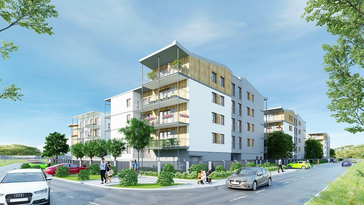 Wizualizacja osiedla nowoczesnych apartamentowców z balkonami, ukazująca budynki z białymi i szarymi elewacjami, drewnianymi akcentami, zielenią wokół, spacerującymi ludźmi i zaparkowanymi...