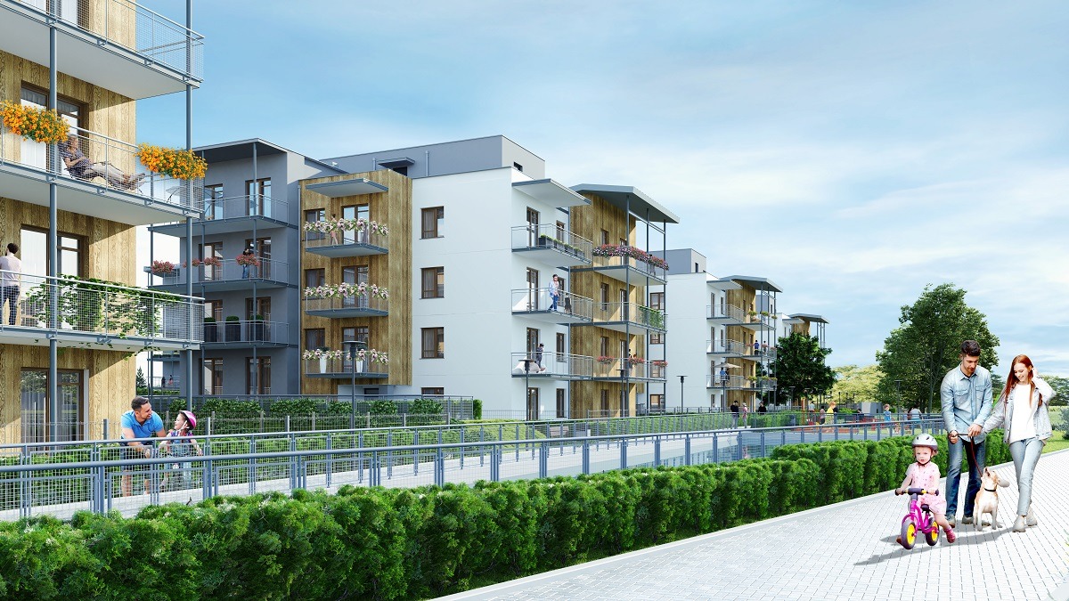 Wizualizacja osiedla apartamentów z balkonami, rodzina z dzieckiem i psem spaceruje po chodniku przed budynkami.