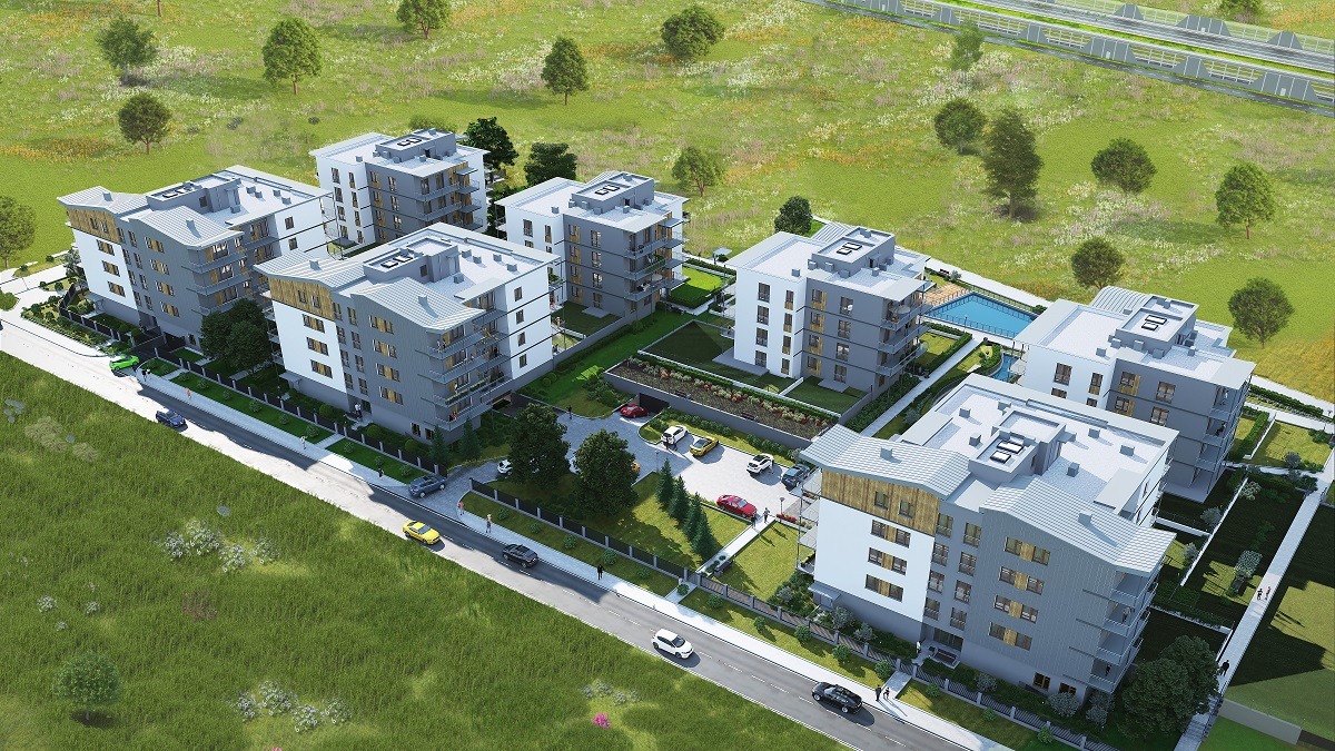 Wizualizacja osiedla budynków wielorodzinnych z basenem, widok z lotu ptaka, szara kolorystyka elewacji, nowoczesna architektura.