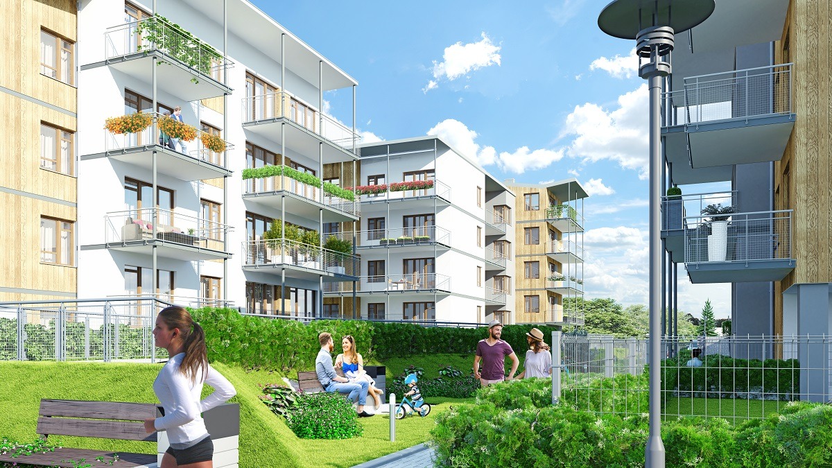 Wizualizacja nowoczesnego kompleksu apartamentów z drewnianymi elementami elewacji, balkonami z roślinami, zielonym terenem rekreacyjnym i spacerującymi osobami w słoneczny dzień.