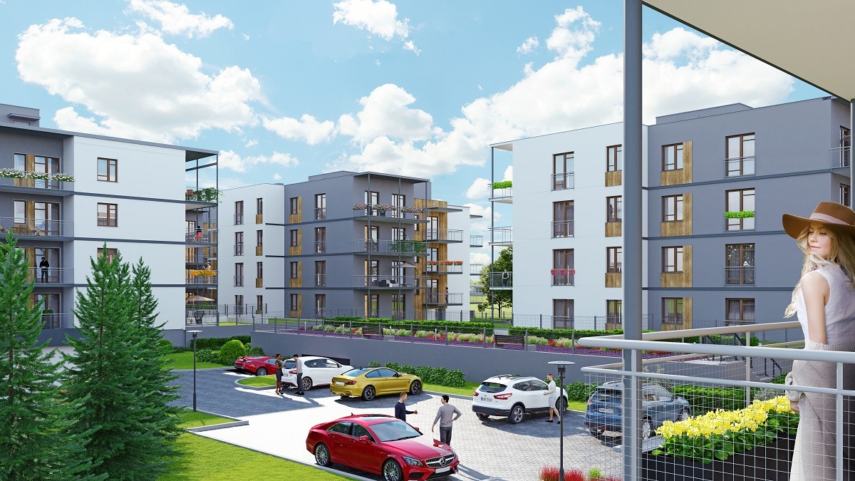 Wizualizacja osiedla mieszkaniowego z parkingiem, widok z balkonu, kobieta w kapeluszu oparta o barierkę.