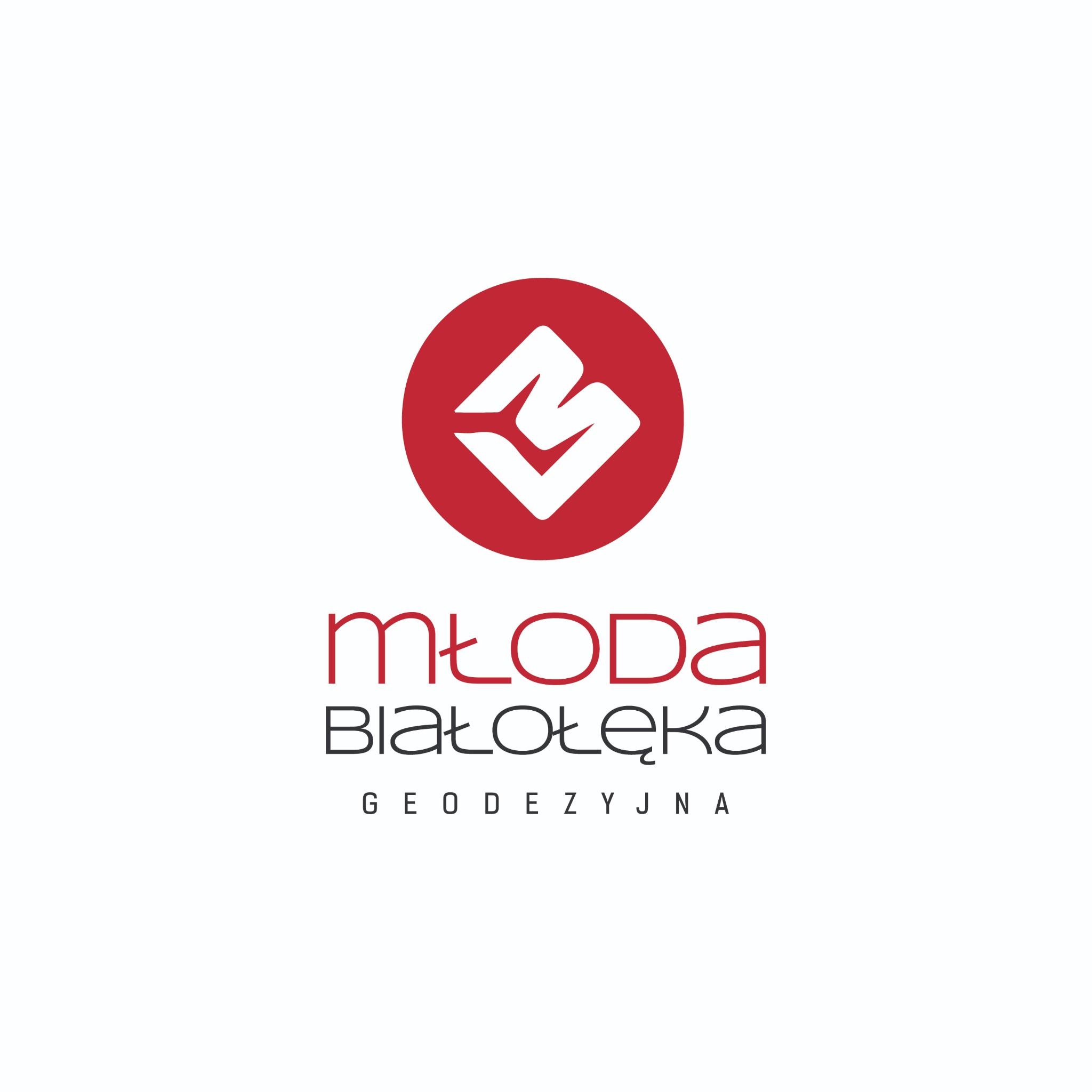 Logo firmy geodezyjnej Młoda Białołęka z czerwonym okręgiem i stylizowaną białą literą M.