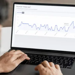 Mężczyzna pisze na laptopie, na ekranie wykres zmian pozycji słowa kluczowego w czasie.