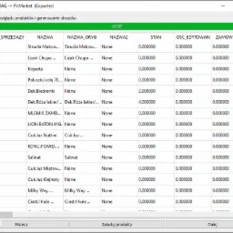 Zrzut ekranu okna programu WAPRO MAG prezentujący tabelę z danymi produktów, w tym nazwy, stany magazynowe i ceny, w widoku eksportu do PcMarket.