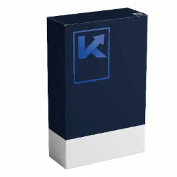 Pudełko w kolorze granatowym z białym dołem, na którym widnieje logo firmy z niebieską strzałką skierowaną w górę w kwadracie, potencjalnie opakowanie produktu lub wizualizacja marki.